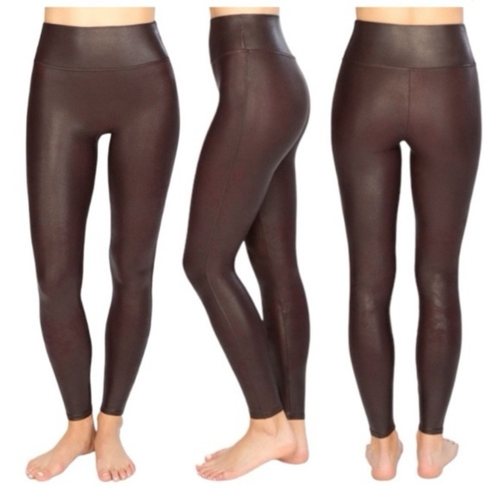 Spanx Women's Stretch Brown Faux Leather Leggings Tummy Control Slimming - Picture 3 of 11